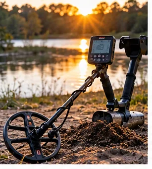 Illustrative image of a metal detector resting on bare ground beside a lake at sunset