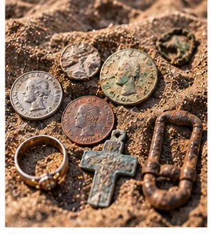 Illustrative image of old coins, a ring and a small cross lying in sand